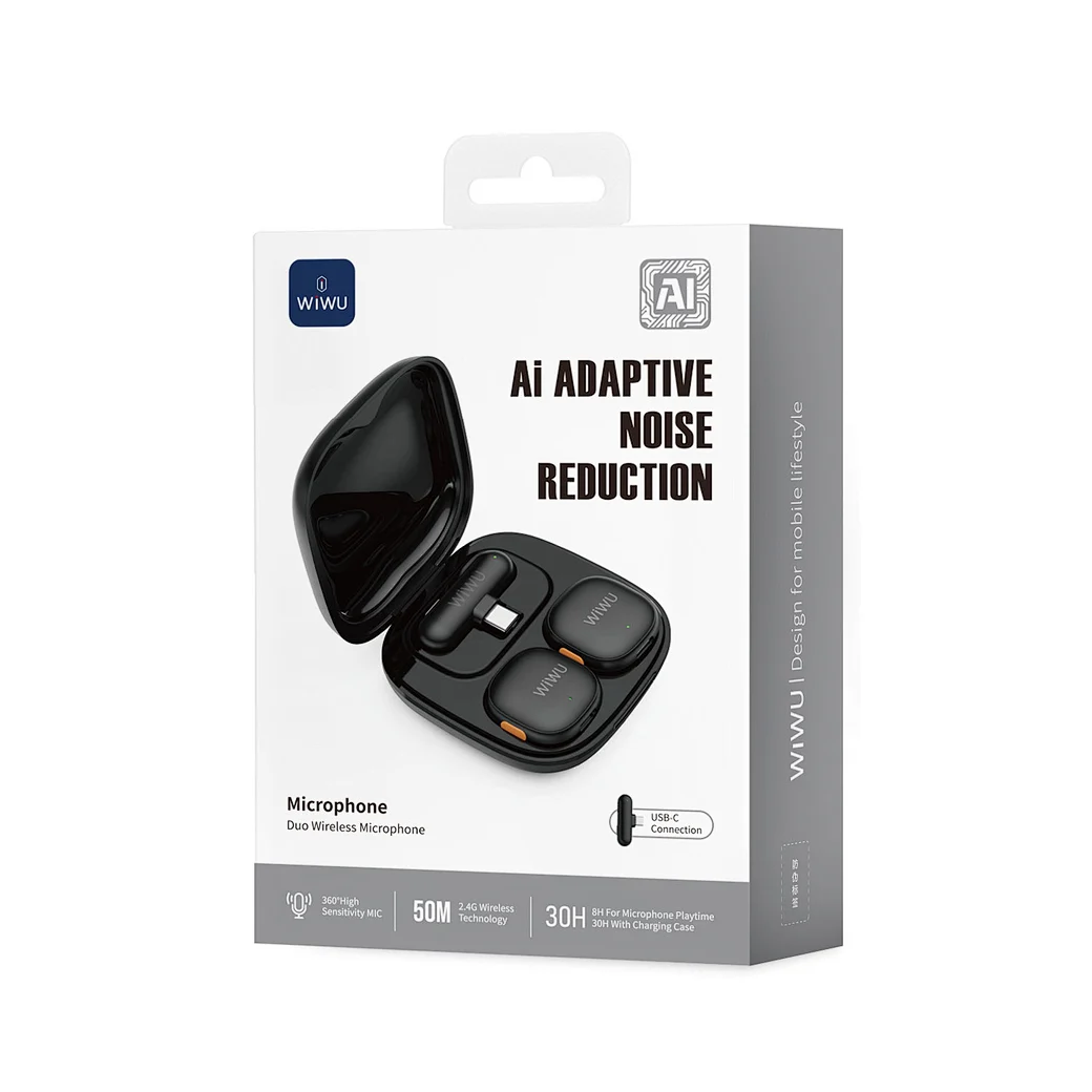 WIWU Wi-WM006 Duo Wireless Microphone AI Adaptive Noise Reduction - Black WIWU Wi-WM006 Duo Wireless Microphone AI Adaptive Noise Reduction - Black